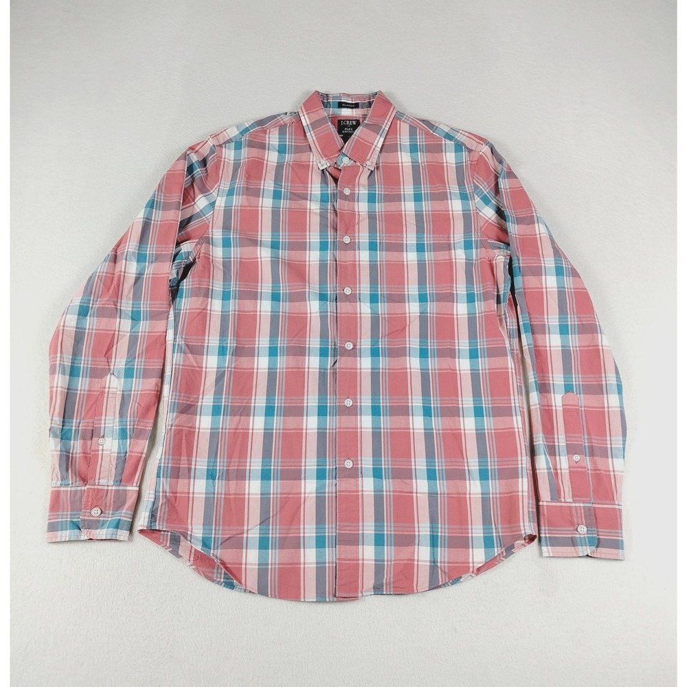 J Crew‎ Shirt Mens Medium Red Blue Plaid Classic Flex Washed Button Down Casual